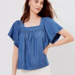 LOFT Denim Blue Flutter Sleeve Blouse Top Women's Square Neck Short Sleeve